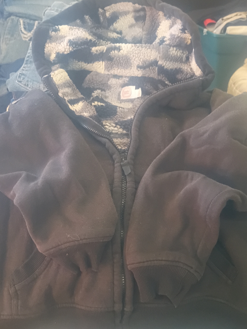 wonder nation Black Hooded Zip-Up Sweatshirt with Patterned Sherpa Lining